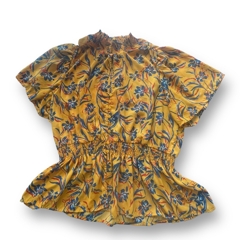 Toxik Mustard Yellow Floral High Neck Smocked Waist Blouse Women's Sz 2X Office